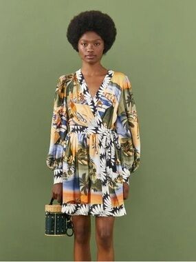 FARM Rio Sunset Palm Wrap Mini Dress in Green, Yellow, Blue